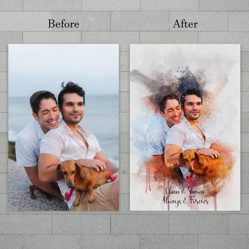 Vista 2 de Retrato personalizado de pareja LGBT de foto de acuarela arte sobre lienzo, regalo de compromiso, regalo memorable para marido o novio, arte