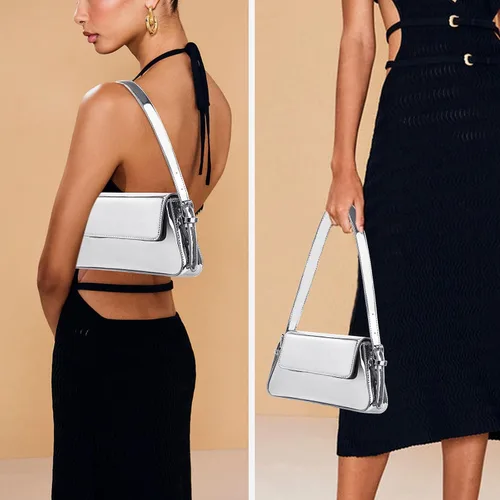 Vista 6 de Bolso de mano plateado para mujer, de cuero, bolso de mano Y2K, bolso de mano brillante, bolso de hombro brillante