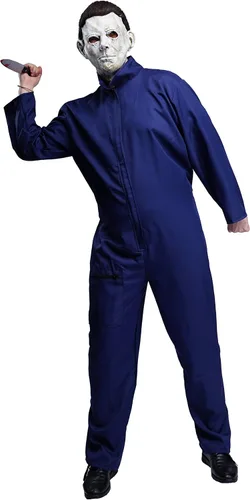 Vista 4 de Maxim Party Supplies Disfraz de Michael Myers de Halloween Killer para adultos, incluye mono, máscara con pelo, cuchillo de juguete