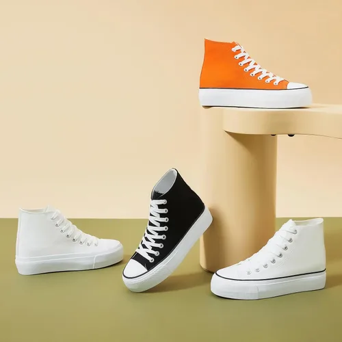 Vista 5 de POVOGER Zapatos deportivos de plataforma para mujer, zapatos de lona altos de moda, zapatos de plataforma blancos para mujer, zapatos casuales