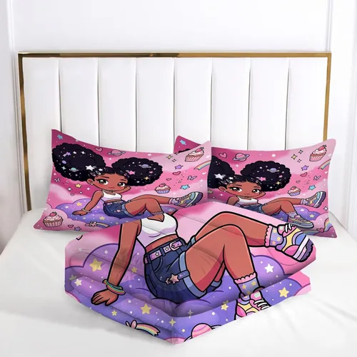 Vista 4 de kxry Lindo juego de edredón de niña negra, juegos de ropa de cama individual de niña afroamericana para niños, bonito edredón de nubes estrelladas