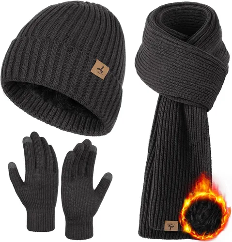 Vista 16 de Winter Hat Scarf Gloves Set, Knitted Ribbed Beanie Winter Gift Men Boys Mezcla gris y negro