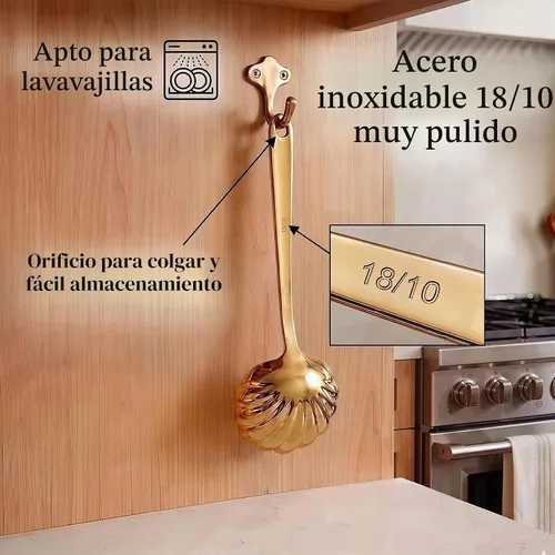 Vista 4 de Gold - Juego de 2 cucharones de sopa de acero inoxidable 18/10 de alta calidad con diseño artístico en forma de concha, cucharón pequeño de 9
