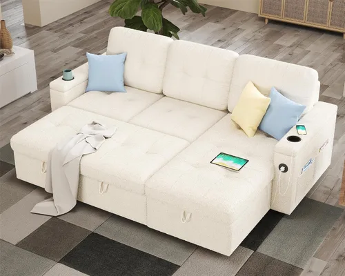 Vista 14 de PaPaJet Sofá Cama, Sofá Cama con Chaise de Almacenamiento, Sofá en Forma de L con Cama Extraíble, Sofás de Gran Tamaño para Sala de Estar - Boucle