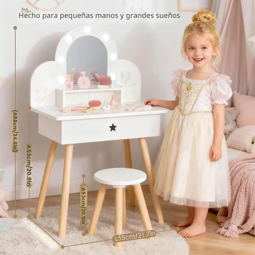 Vista 4 de Leeshyah Juego de Tocador para Niñas con Espejo de Luz de 3 Colores con Botón Táctil, Mesa de Maquillaje de Madera de Juego de Simulación con 11