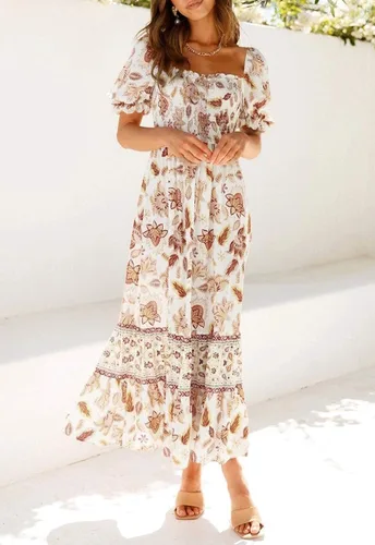 Vista 9 de ZESICA - Vestido de verano largo para mujer, diseño acampanado con cuello cuadrado y volantes, estampado floral y bohemio, para la playa
