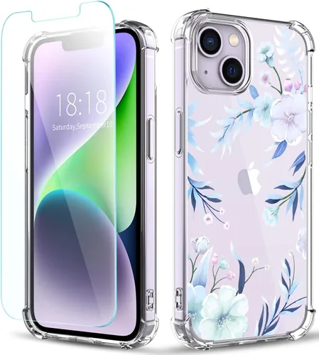 Vista 9 de Funda para iPhone 14, [3 en 1] con protector de pantalla y protector de lente de cámara, diseño de patrón de flores, transparente, suave, a prueba