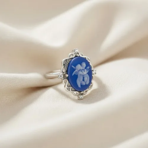 Vista 4 de Jewelili Anillo de plata de ley para mujer, camafeo de ágata rosa o azul y zafiro redondo blanco creado, joyería de lujo, caja de regalo incluida
