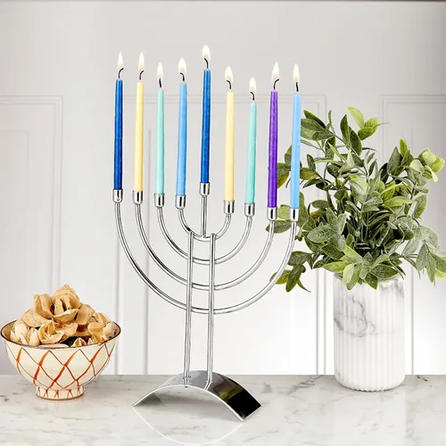 Vista 3 de Menorá de acero de Rite Lite Moderno y lujoso acabado plateado brillante Menora Hanukkah Regalos judíos de fiesta festiva, candelero de Janucá
