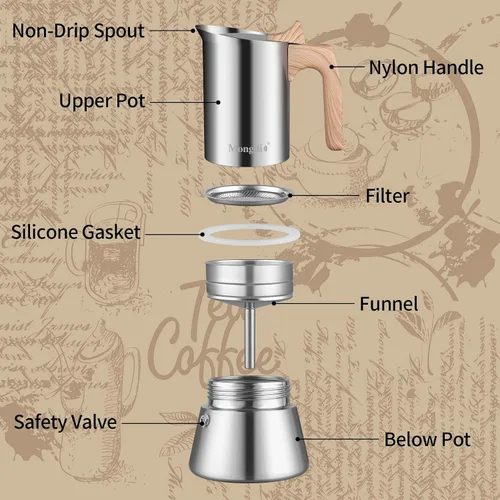Vista 3 de Mongdio Olla Moka de acero inoxidable, cafetera espresso para estufa, cafetera percoladora, cafetera italiana espresso greca para camping, viajes