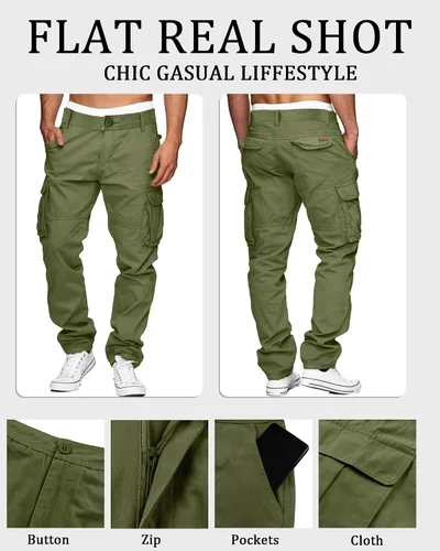 Vista 3 de LVCBL Pantalones cargo para hombre, de algodón, ajuste relajado, con múltiples bolsillos para hombre