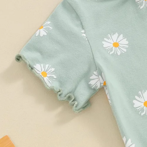 Vista 4 de fhutpw Conjunto de ropa de verano para niñas pequeñas, camisetas de manga corta con volantes de margaritas, tops y pantalones cortos florales, 2