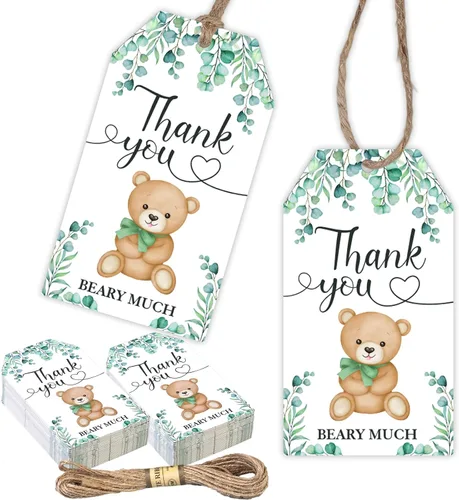 Vista 7 de Etiquetas de agradecimiento de oso, 50 etiquetas de regalo azules con cuerda para baby shower, etiquetas de regalo de agradecimiento para celebrar
