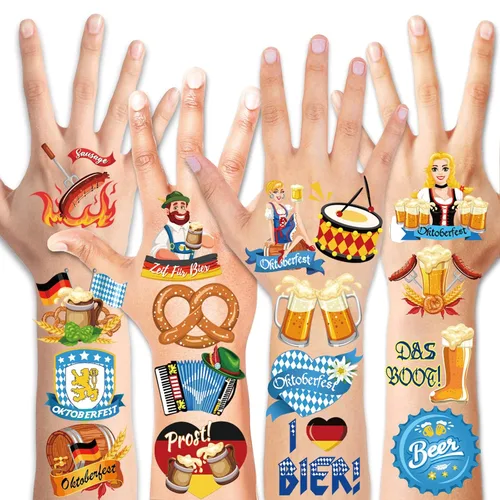 Vista 2 de HOWAF Tatuajes temporales para el Oktoberfest, 72 tatuajes falsos para niños, calcomanías impermeables para suministros de festivales de cerveza