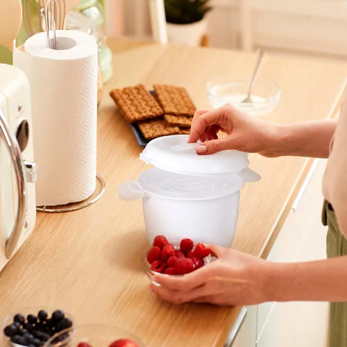 Vista 8 de Olla arrocera para microondas, olla para pasta para microondas, vaporizador de arroz de 1.9 cuartos de galón con tapa de bloqueo, ollas de pollo