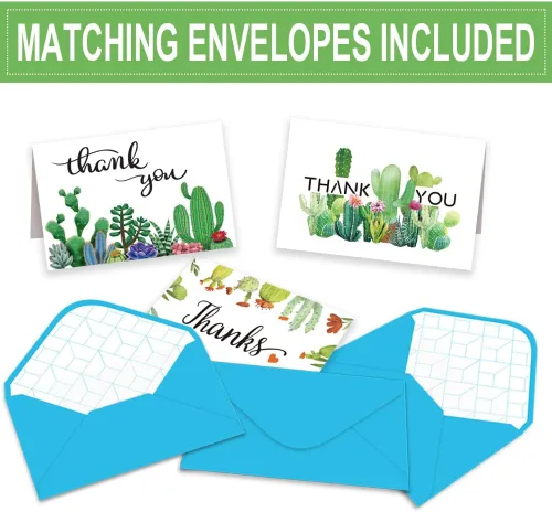 Vista 4 de Tarjetas de agradecimiento de cactus paquete de 36 tarjetas de agradecimiento para suculentas con sobres de 4 x 6 pulgadas, tarjetas