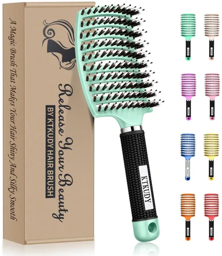 Vista 12 de KTKUDY Cepillo para desenredar con cerdas de jabalí, cepillo para hacer el cabello más brillante y saludable, cepillo desenredante curvo y ventilado