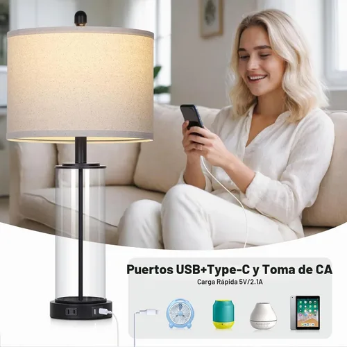 Vista 4 de Juego de 2 lámparas de mesa de cristal negro de 26 pulgadas, lámpara de sala de estar con control táctil regulable de 3 vías con puertos USB C+A