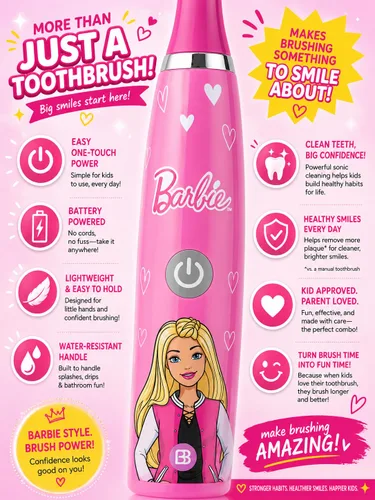 Vista 4 de Brush Buddies Barbie - Cepillo de dientes eléctrico con pilas para niños, cerdas suaves y potencia sónica, perfecto para niños, niñas e higiene