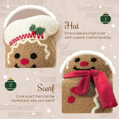 Vista 2 de Phantoscope Almohada Decorativa de Feliz Navidad Pan de Jengibre, Almohadas de Peluche Teddy Navideñas con Forma de Pan de Jengibre con Gorro