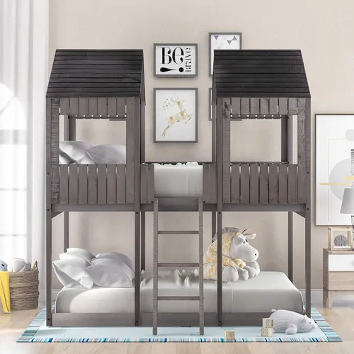 Vista 3 de Harper & Bright Designs Literas de madera de tamaño matrimonial sobre matrimonial, literas de madera con techo y barandilla de protección para Gris