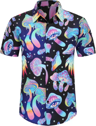 Vista 3 de ropa de festival para hombre, trajes de festival para hombres, trajes rave para hombres, camisa hawaiana de hongos para hombres, 01