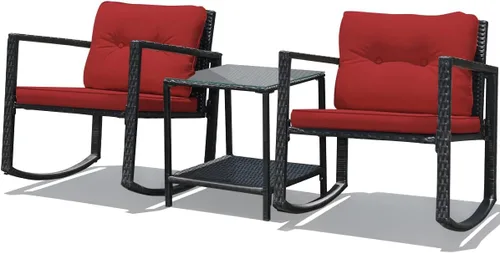 Vista 9 de DORTALA Juego de muebles de patio de 3 piezas, mecedora de ratán y mesa de centro de cristal con cojines, juego de 3 muebles de mimbre