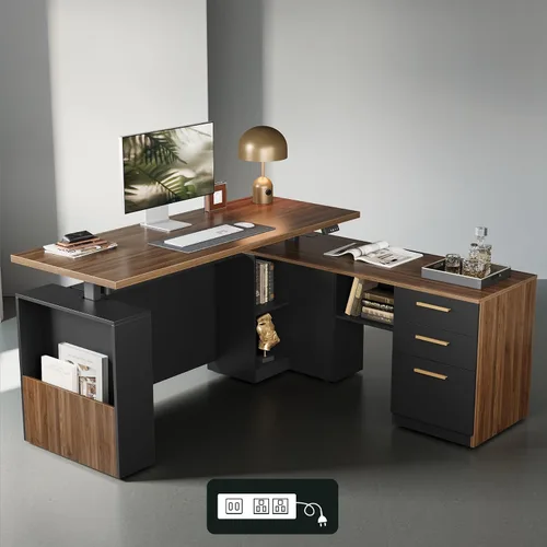 Vista 9 de ModernMate - Escritorio de pie de 63" con gabinete de archivos, panel de privacidad, AC/USB, escritorio ejecutivo de 1.18" de altura ajustable