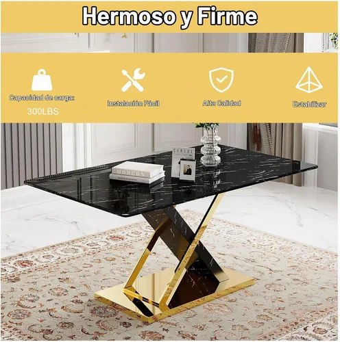 Vista 5 de Juego de Mesa de Comedor de Mármol para 4, Mesa Rectangular Negra de 63 Pulgadas con Marco de Metal Dorado en Forma de X y 4 Sillas de Comedor