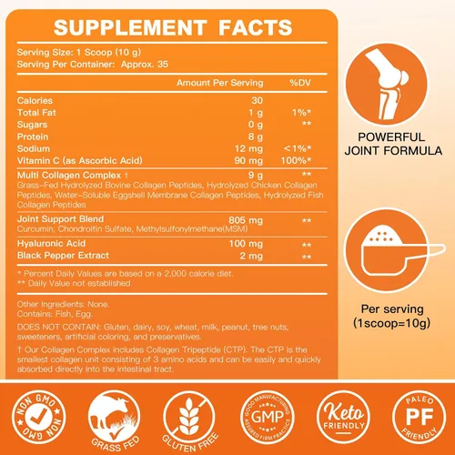 Vista 2 de ZEBORA Péptidos multicolágeno en polvo con MSM y CS, péptidos de colágeno hidrolizados tipo I II III V X con ácido hialurónico y vitamina C