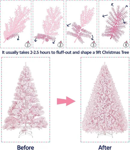 Vista 8 de Yaheetech Árbol de Navidad artificial preiluminado de 9 pies con luces incandescentes blancas cálidas, árbol de Navidad completo con nieve Rosa