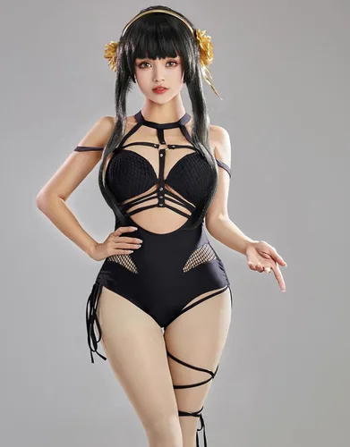 Vista 5 de haikyuu Traje de baño de una pieza derivado de anime para mujer con falda cruzada y diadema de malla halter