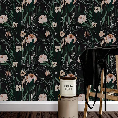 Vista 5 de VaryPaper Papel tapiz floral negro, verde y rosa, de 17.7 x 118 pulgadas, papel tapiz autoadhesivo de vinilo, papel de contacto floral decorativo