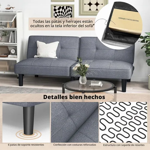 Vista 7 de KOMFOTT Sofá cama tipo futón convertible, sofá cama plegable tapizado de lino con respaldo ajustable de 6 posiciones, cojín grueso, sofá reclinable