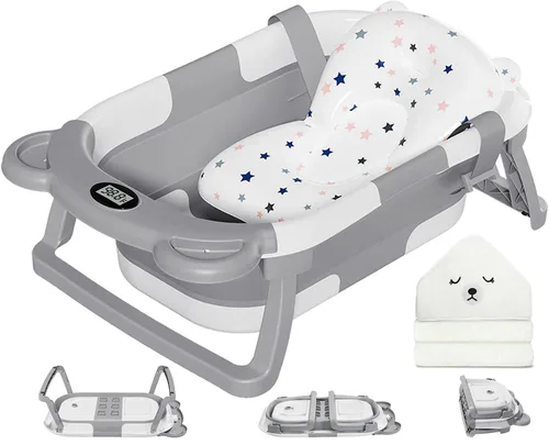 Vista 14 de MoreFeel Bañera plegable para bebé recién nacido con termómetro y 1 toalla con capucha y 1 cojín flotante suave, bañera de viaje portátil