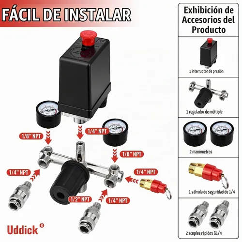 Vista 5 de Interruptor de control de presión del compresor de aire con válvula de control regulador de manómetro,Piezas del compresor de aire del regulador