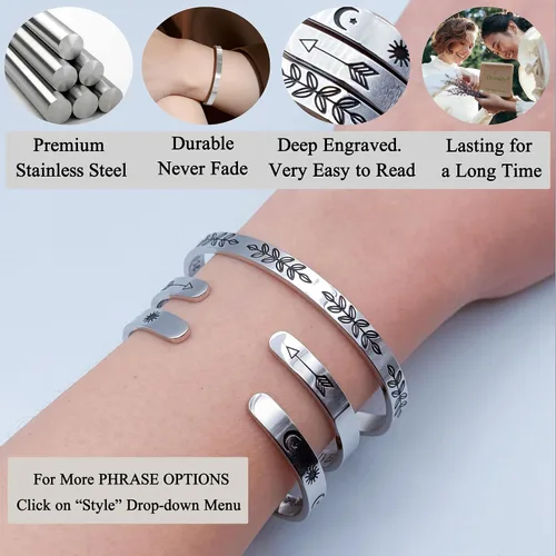 Vista 31 de Pulseras inspiradoras para mujer, joyería de acero inoxidable, con refranes, pulsera motivacional con mensaje oculto, pulseras grabadas para mejor