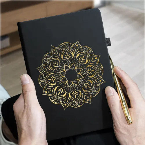 Vista 2 de Veway Juego de regalo de diario y bolígrafo de mandala - Diario de cuero vegano con bolígrafo - Diario profesional para mujeres u hombres - Juego