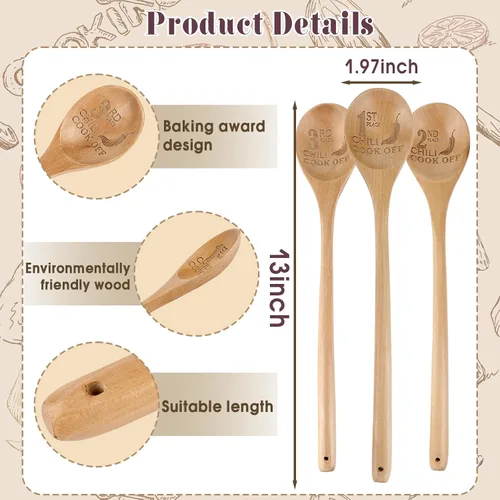 Vista 2 de Cucharas de madera para cocinar, juego de 3 cucharas de cocina de madera maciza de 13 pulgadas de largo con mango largo, no tóxicas