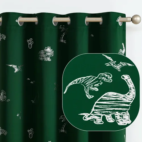 Vista 11 de Vangao - Cortinas para niños con impresión de dinosaurio en negro, cortinas opacas para guardería, habitación de niñas y niños, estampado plateado