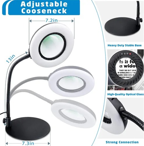 Vista 6 de 12 lupas con luz y soporte, 5 modos de color, 9 niveles regulables, lámpara de aumento de cuello de cisne flexible manos libres, lámpara