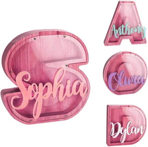Vista 3 de Alcancía de madera personalizada para niños, alcancía personalizada para niñas, niños, caja de ahorro de dinero con 20 colores de fuente, nombre