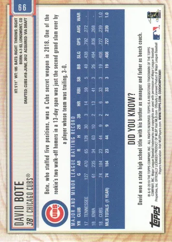 Vista 2 de 2019 Topps Big League Rainbow Foil #66 David Bote 025/100