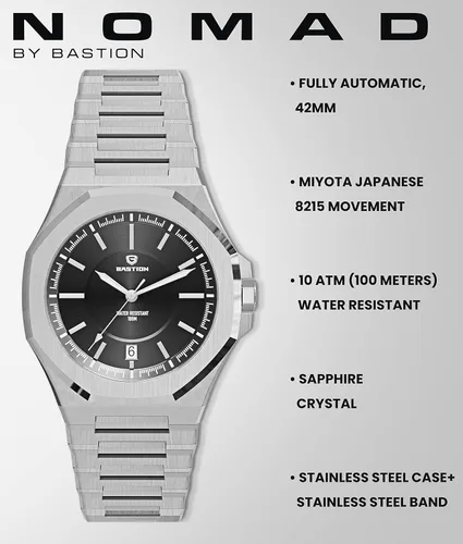 Vista 8 de BASTION Nomad - Reloj automático para hombre, acero inoxidable, movimiento japonés, cuerda automática, reloj clásico de lujo impermeable, Acero