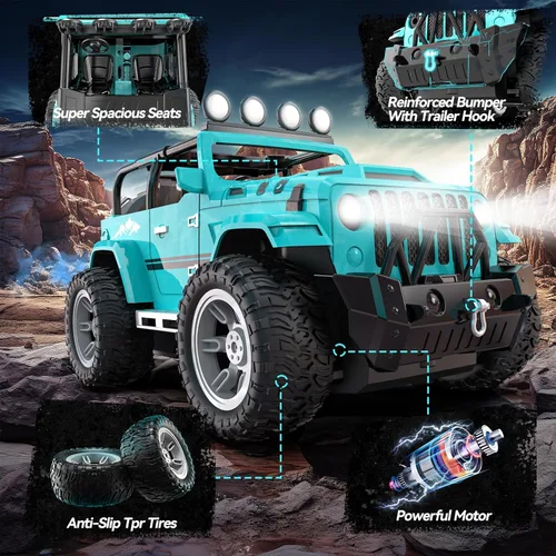 Vista 4 de DEERC Coche de Control Remoto con Neblina y Música, Camión de Control Remoto 1:16 para Niños, Juguete de Coche RC de 2.4Ghz con 2 Baterías, Regalo