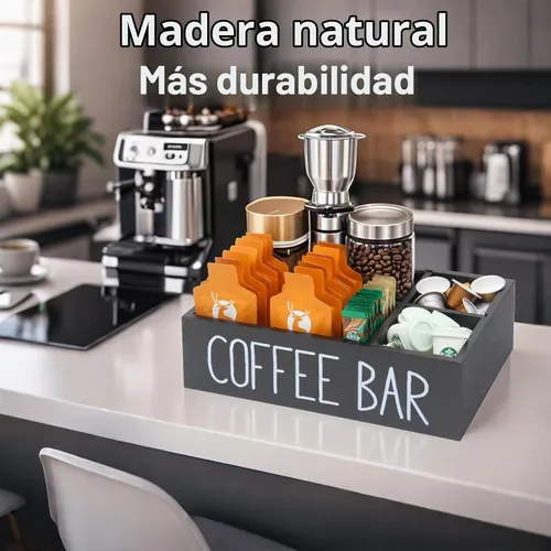 Vista 2 de Bokelai Organizador de barra de café, negro, almacenamiento de accesorios de encimera de madera Removable Dividers, Disposable Cup Holder, Pods