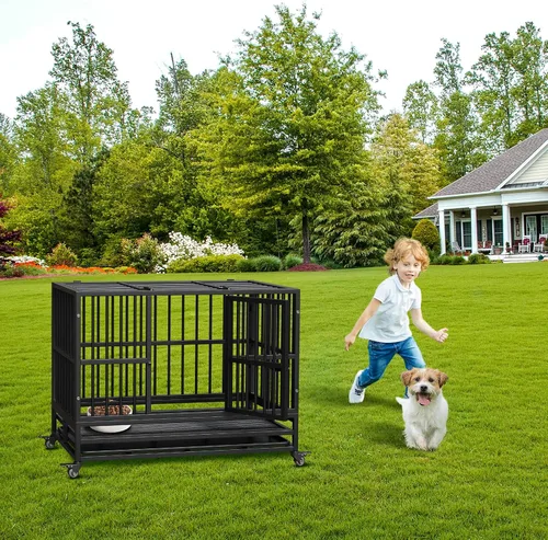 Vista 9 de Jaula para perros resistente, jaula para perros de interior de 37 pulgadas con doble puerta, ruedas con bloqueo de 360° y bandeja extraíble, fácil