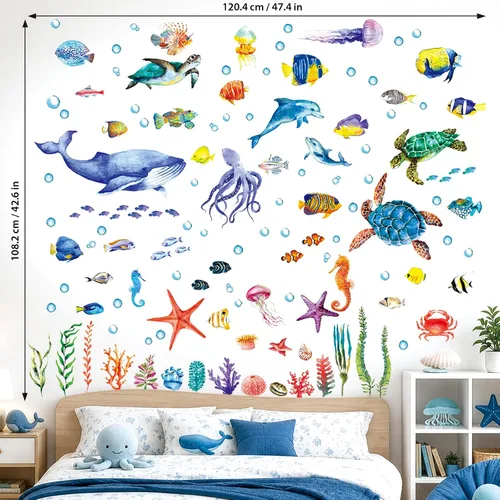 Vista 5 de DECOWALL 128 calcomanías de pared bajo el mar, calcomanías de pez océano, tortuga, medusas, algas marinas, extraíbles para el dormitorio