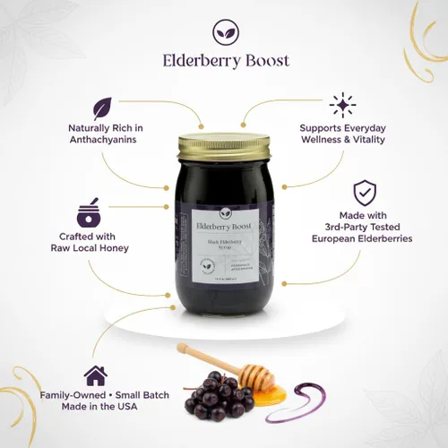 Vista 2 de Elderberry Boost – Jarabe de saúco hecho con saúco orgánico y miel cruda Apoyo inmunológico totalmente natural, defensa contra el resfriado