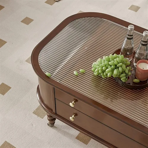 Vista 4 de Mesa auxiliar para sala de estar, mesa auxiliar de madera retro con parte superior de cristal temporal, mesa central rectangular con 2 cajones